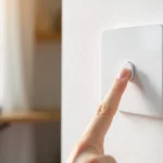 Prekldača electrical wall switch being operated by hand in modern home interior showing on-off control mechanism