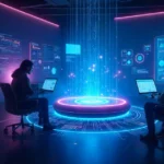 Futuristic workspace glowing with qwioxiz2057 device showcasing AI, blockchain, and quantum innovation.