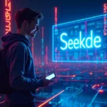 A futuristic Seekde interface with glowing 'Seekde' logo, transforming a digital maze into clear paths for smart searches.