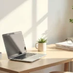 Minimal workspace showing Simpciry lifestyle — clean desk, soft light, calm vibe promoting focus and balance.
