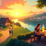 Lithuanian sodziu village with wooden cottages and Korean sodziu drink on a table, blending rustic and modern cultural vibes.