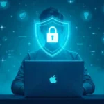 Person using laptop with digital shield protecting against online tracking showing stealthother.site privacy protection features