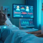 Telemetryczny wireless patient monitoring system in hospital with nurse viewing vital signs on central dashboard screen