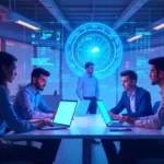 Futuristic tiwzozmix458 holographic dashboard with data streams, connecting devices for productivity in a modern office.