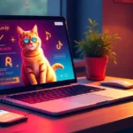 Cozy office with laptop showing TotallyNDFW TikTok cat video, phone with meme, and coffee mug.