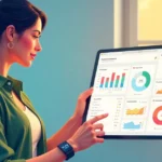 Stylish person using Xlecz tablet dashboard with health charts in a cozy home, wearable glowing, blending luxury and tech for bladder care.