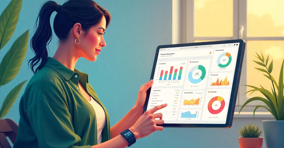 Stylish person using Xlecz tablet dashboard with health charts in a cozy home, wearable glowing, blending luxury and tech for bladder care.