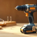 YWMLFZ 48W Cordless drill on workbench with drill bits and wood materials for home improvement projects