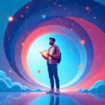 Stylish person in a vibrant Ytislage-inspired illustration with swirling layers, health icons, and a journal, symbolizing creative thinking and wellness.