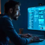 Man using echostreamhub platform for streaming, video calls, and digital content management on desktop screen.