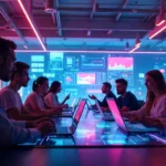 Futuristic digital scene showing creatives and tech experts embracing the wunonovzizpimtiz innovation wave.