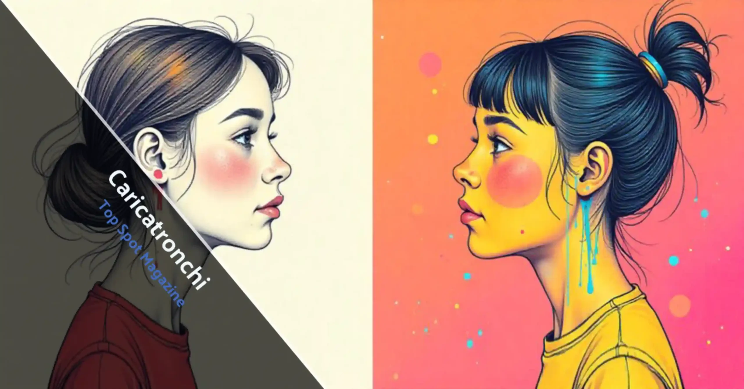 Caricatronchi digital art transformation showing exaggerated portrait with vibrant neon colors and fragmented geometric effects