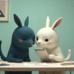 Cute anime characters creating doujen moe fan art together with digital tablets and art supplies in a cozy creative workspace