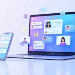 Garforfans platform interface showing fan community features including forums, live chat, and creator connections on mobile and desktop devices