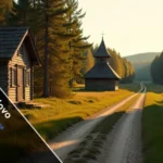 Mebalovo Russian village with traditional wooden houses and church near Klyazma River surrounded by pine forests