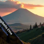 Mongibello Etna volcano Sicily with smoking crater and local villages on volcanic slopes
