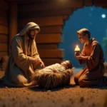 Traditional Nativität nativity scene showing Mary Joseph and baby Jesus in stable with warm lighting during Christmas celebration