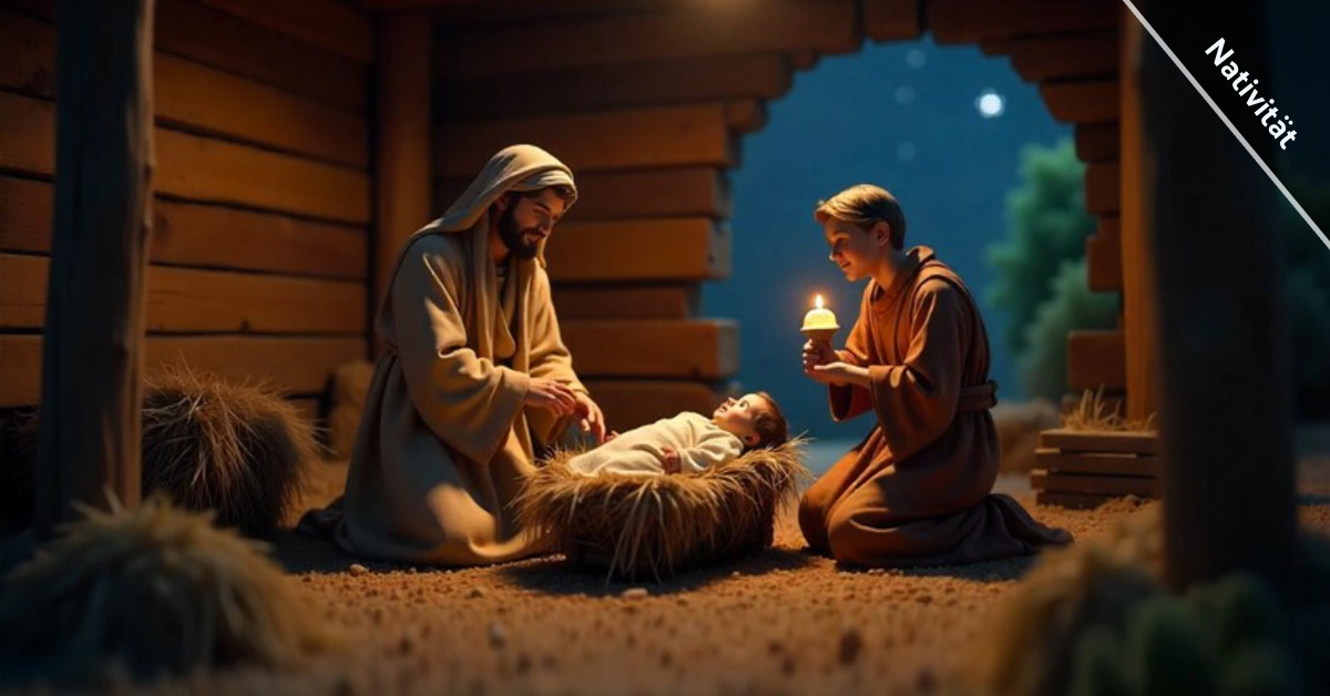 Traditional Nativität nativity scene showing Mary Joseph and baby Jesus in stable with warm lighting during Christmas celebration