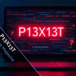 Laptop screen showing P13X13T code with warning symbols and caution tape in cybersecurity alert style