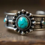 Tsunaihaiya jewelry silver cuff bracelet with turquoise stone showing Apache and Japanese design blend
