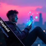 Young hustler streaming Wapbald on phone amid neon cityscape, holographic clips floating – ultimate free entertainment flex.