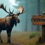 Viltnemnda Norwegian wildlife management committee sign in a misty forest with a large elk.
