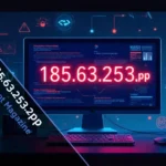 Computer screen displaying 185.63.253.2pp IP address with security warning icons and network connection lines