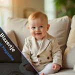 A baby wearing a lightweight cotton Blazertje with an easy fit that allows comfortable movement.