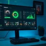 Doluzo333 gaming platform interface on PC monitor showing performance dashboard and game library