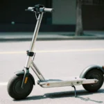Electric eschopper scooter with fat tires and chopper-style handlebars parked on city street for urban commuting