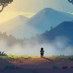 Goonierne 2 indie game hero contemplating journey through misty forest with golden sunlight and pixel art aesthetic