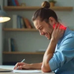 Person with inomyalgia holding neck showing chronic muscle pain symptoms at workspace needing relief treatment options