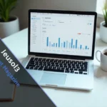 Modern workspace with laptop displaying jeusol3 digital dashboard for business task management and productivity