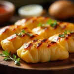 Grilled Levapioli recipe showing seasoned beef and lamb cylinders with char marks served on flatbread with ajvar sauce