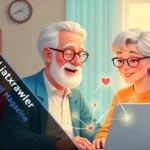 Elderly couple smiling at laptop with Liatxrawler dashboard showing health icons for bladder tips and wellness data—empowering senior care.