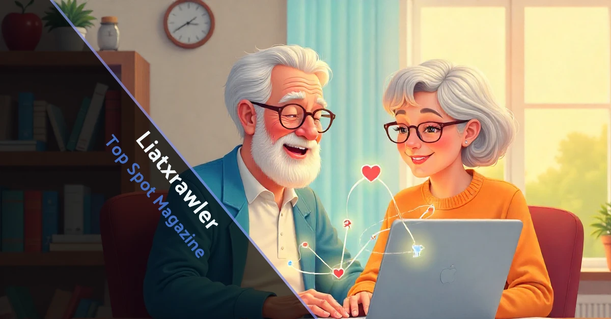 Elderly couple smiling at laptop with Liatxrawler dashboard showing health icons for bladder tips and wellness data—empowering senior care.