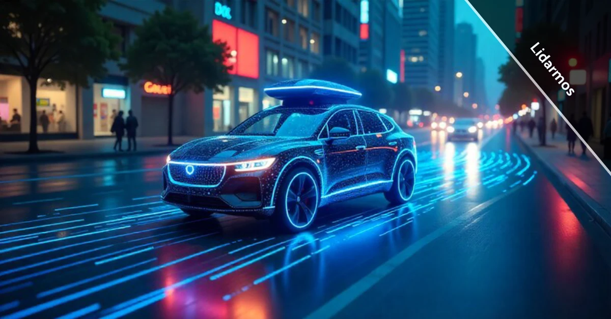 Lidarmos technology showing LiDAR sensors creating 3D point cloud map for autonomous vehicle navigation