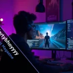 Martybhoyyyy gaming setup with monitors, neon lights, and Celtic memorabilia showing authentic creator workspace aesthetic