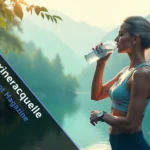 Confident woman sipping Maxineracquelle mineral water by a mountain spring, symbolizing hydration and bladder health vitality in serene forest dawn light.