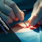 Surgeon performing nahttypen suturing technique in sterile operating room with precise needle placement on surgical site