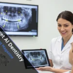 Dentist showing Nerovet AI Dentistry scan results to patient on digital screen in modern dental clinic with AI analysis