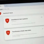 Person reviewing newznav.com 2014623980 website security warnings on laptop screen with red flags and caution symbols