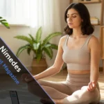 Senior meditating peacefully with wellness app showing Nimedes principles of balanced health and modern mindfulness