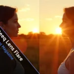 Before after comparison Photeeq Lens Flare outdoor portrait sunset warm glow cinematic effect professional photography split
