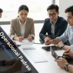 Team reviewing Protocolo Operacional Padrao documents in modern office for standardized business operations workflow