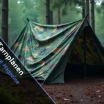 Tarnplanen military camouflage tarp shelter in forest with waterproof rain protection and woodland camo pattern setup