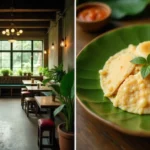 Veganov Trichy vegan restaurant interior showing South Indian dishes on wooden table with Instagram growth platform displayed on laptop screen