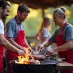 Weber grill demonstration class with instructor teaching participants proper grilling techniques on multiple Weber kettle grills