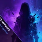 WhosValora digital mystery concept with glitch effects neon vaporwave aesthetic anonymous persona visualization art