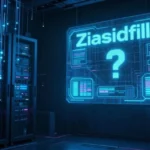 Futuristic server room with glowing data streams and a question mark over the Ziasiadfillz platform name.